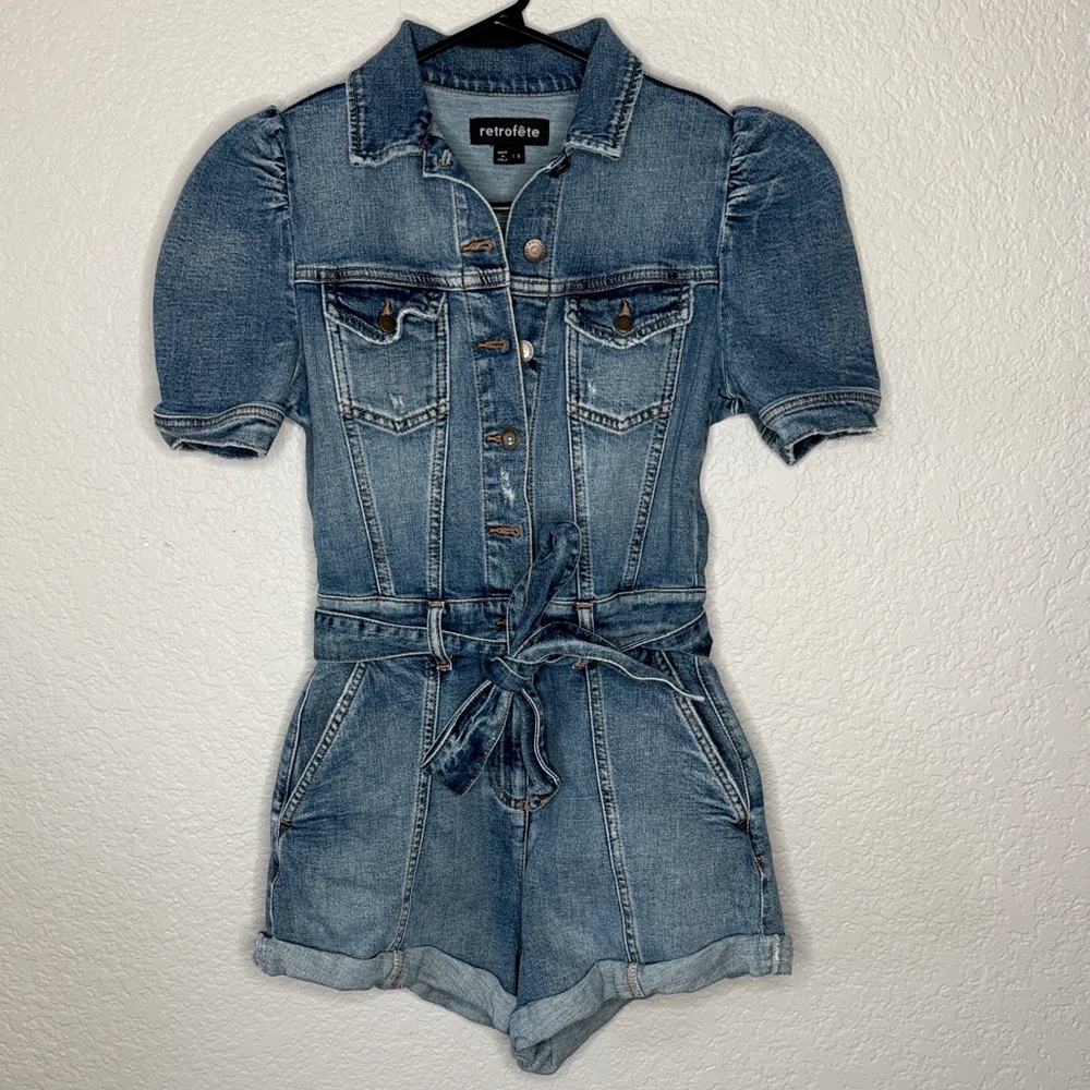 Retrofete Phoebe Romper Puff Sleeve Distressed Denim Streetwear Normcore Boho - Picture 3 of 8